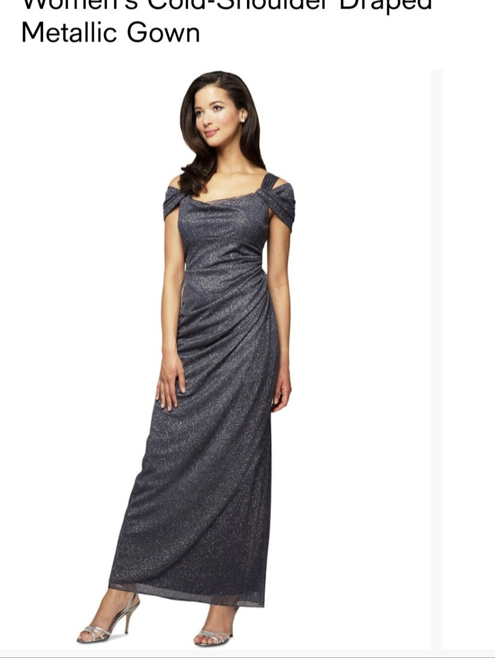 Alex Evenings Cold-Shoulder Draped Metallic Gown - Silver-Gray Size 16